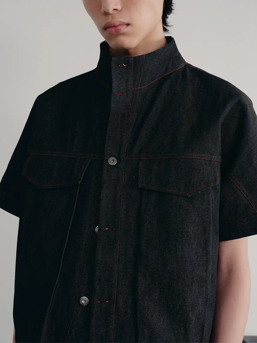 JCAESAR STUDIO | Boxy Fit Curved Hem Stand Collar Denim Shirt