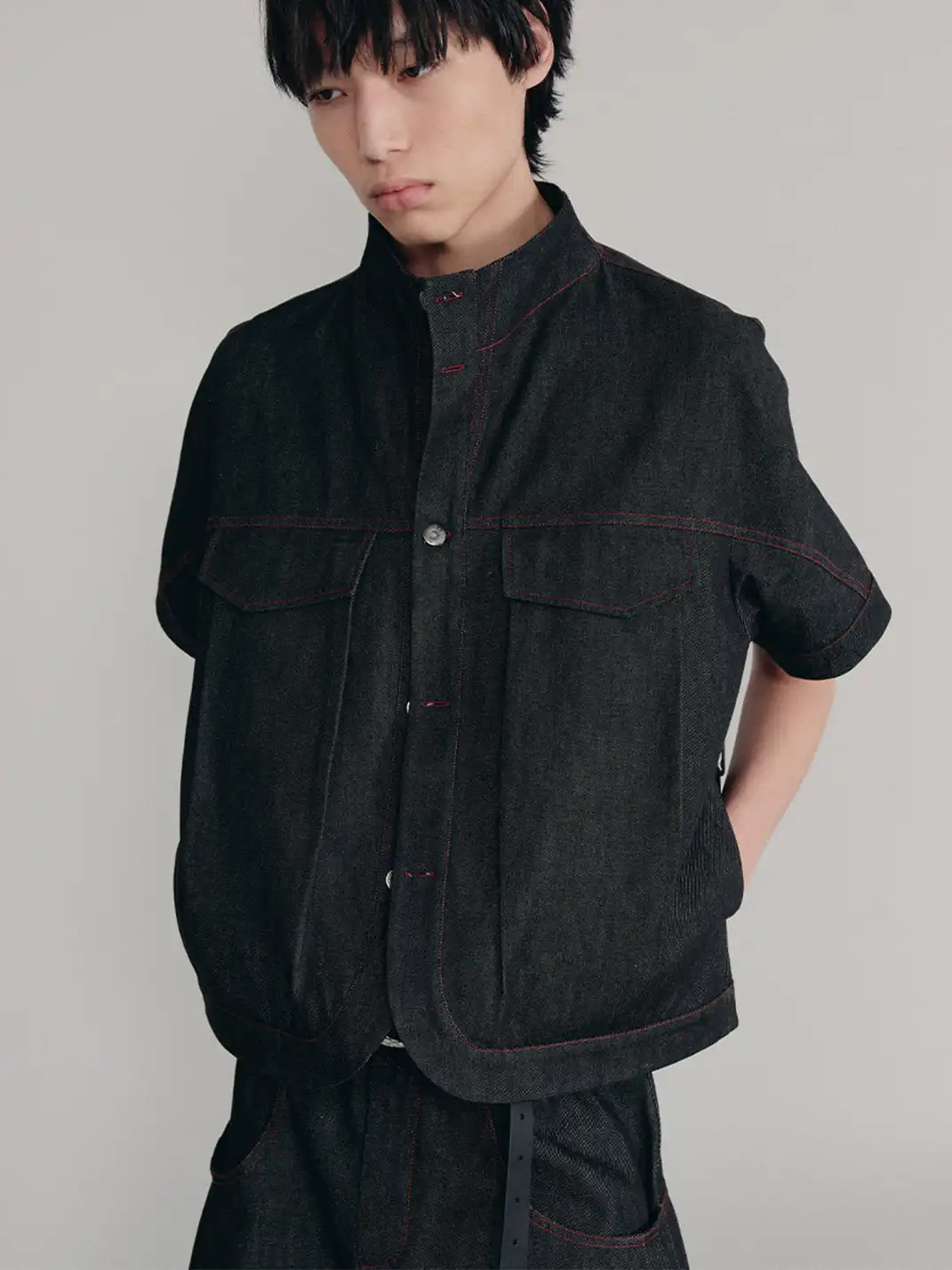 JCAESAR STUDIO | Boxy Fit Curved Hem Stand Collar Denim Shirt