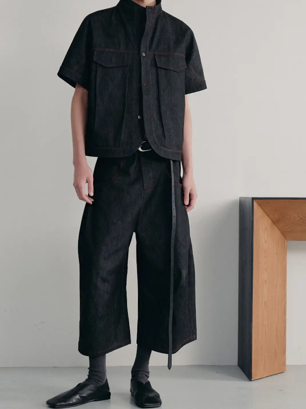JCAESAR STUDIO | Boxy Fit Curved Hem Stand Collar Denim Shirt