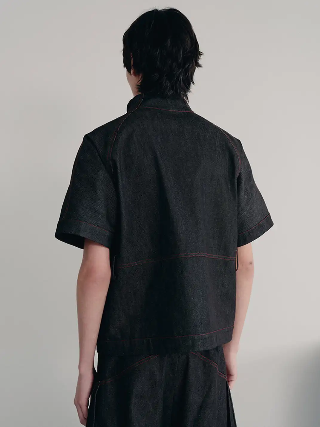 JCAESAR STUDIO | Boxy Fit Curved Hem Stand Collar Denim Shirt