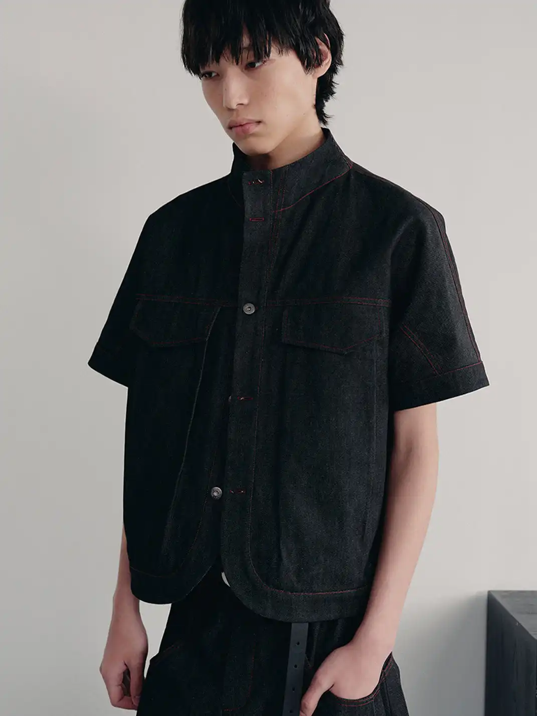 JCAESAR STUDIO | Boxy Fit Curved Hem Stand Collar Denim Shirt
