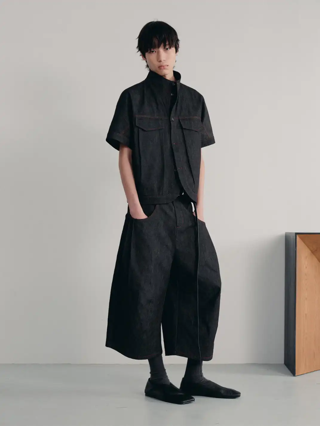 JCAESAR STUDIO | Boxy Fit Curved Hem Stand Collar Denim Shirt