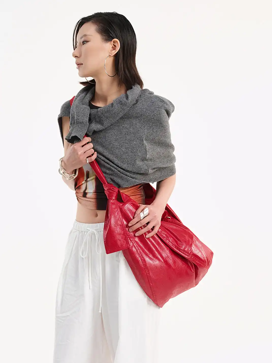 HIDDENNOTES | Slouchy Leather Hobo Bag-Red