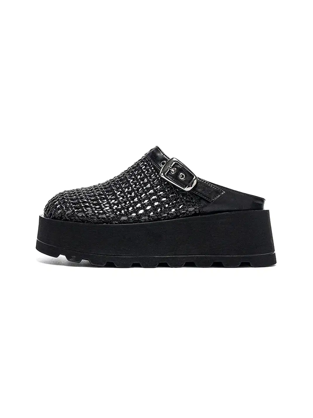 EBLAN | Woven Cut Out Platform Mules-Black