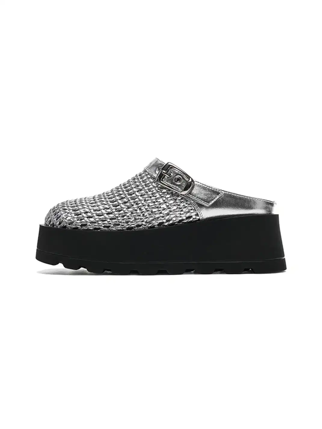 EBLAN | Woven Cut Out Platform Mules-Silver