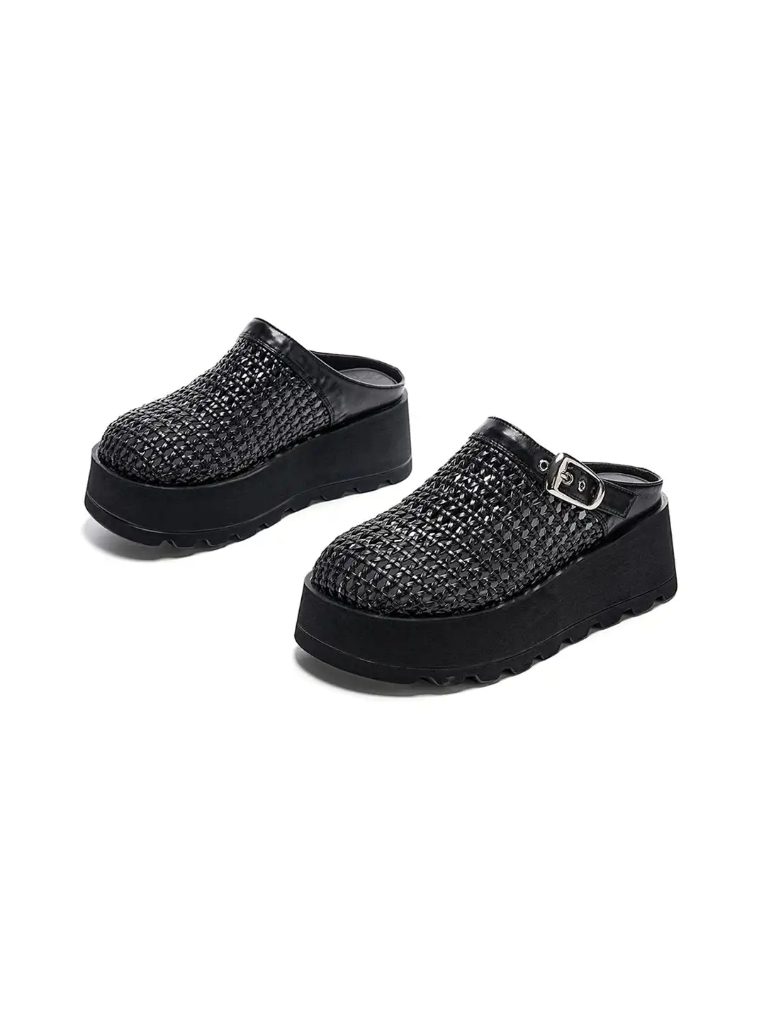 EBLAN | Woven Cut Out Platform Mules-Silver