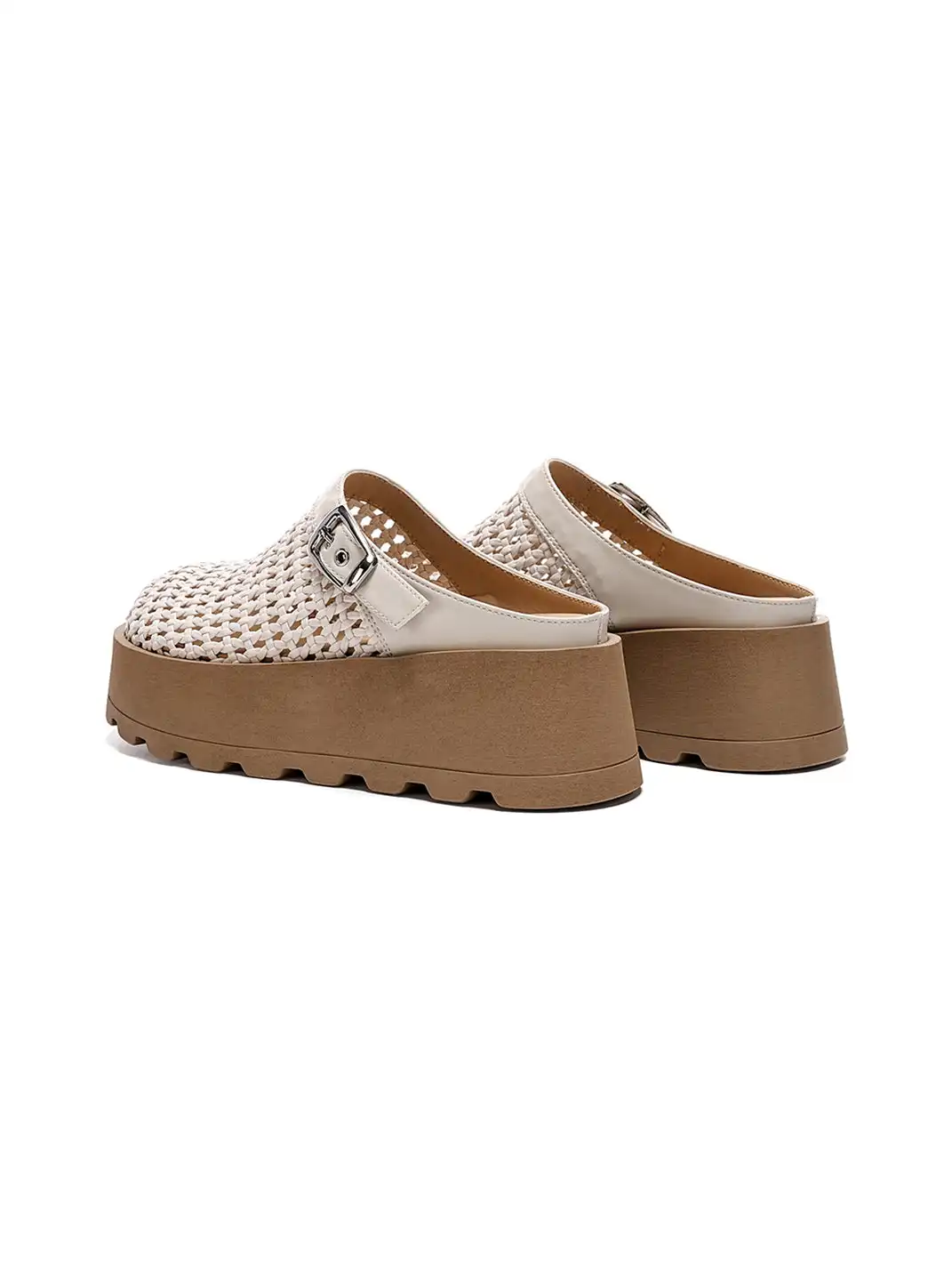 EBLAN | Woven Cut Out Platform Mules-Beige