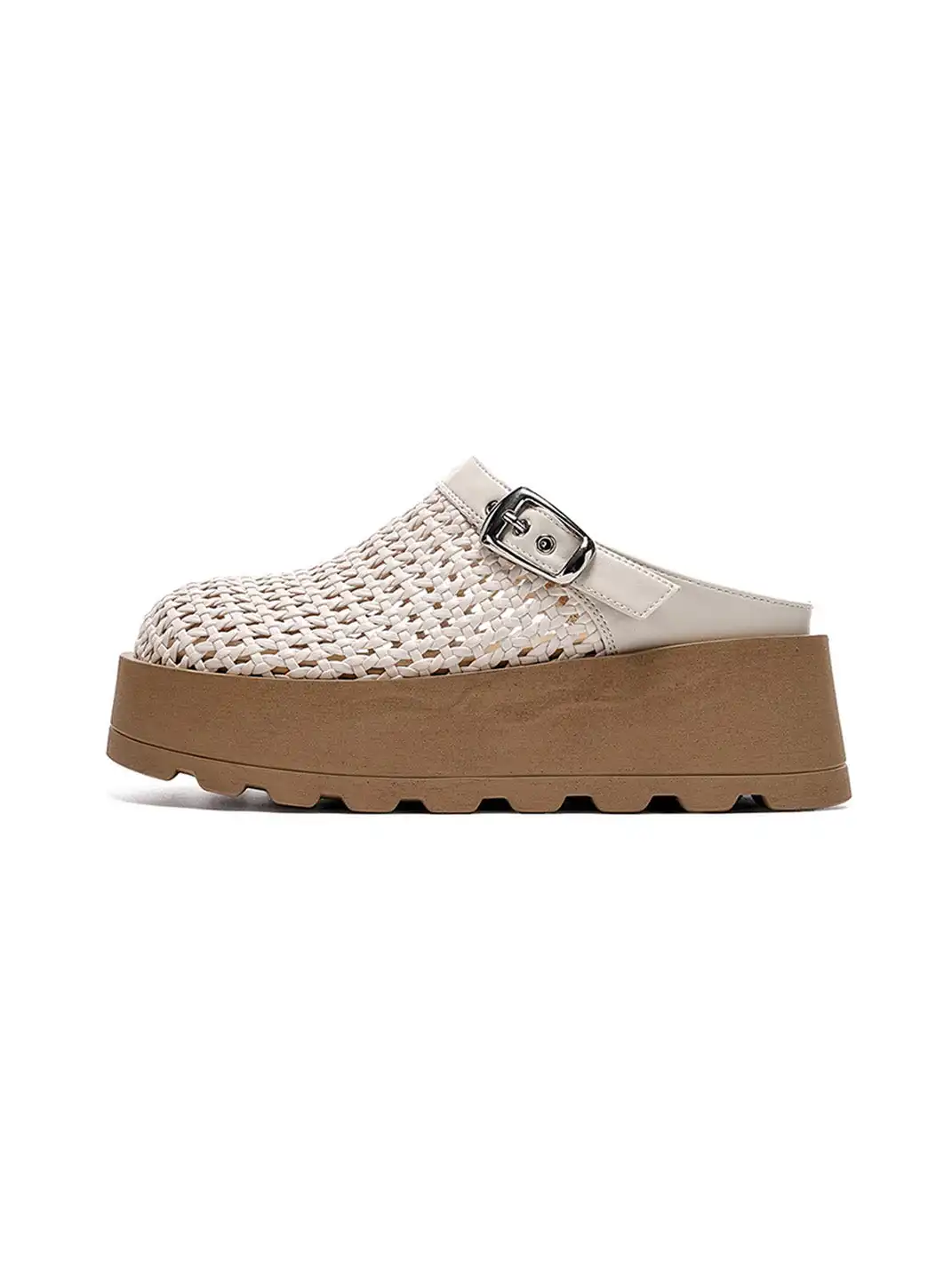 EBLAN | Woven Cut Out Platform Mules-Beige