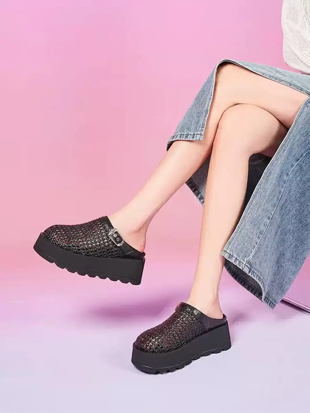 EBLAN | Woven Cut Out Platform Mules-Silver