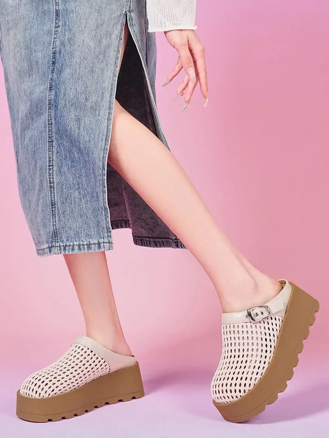 EBLAN | Woven Cut Out Platform Mules-Silver