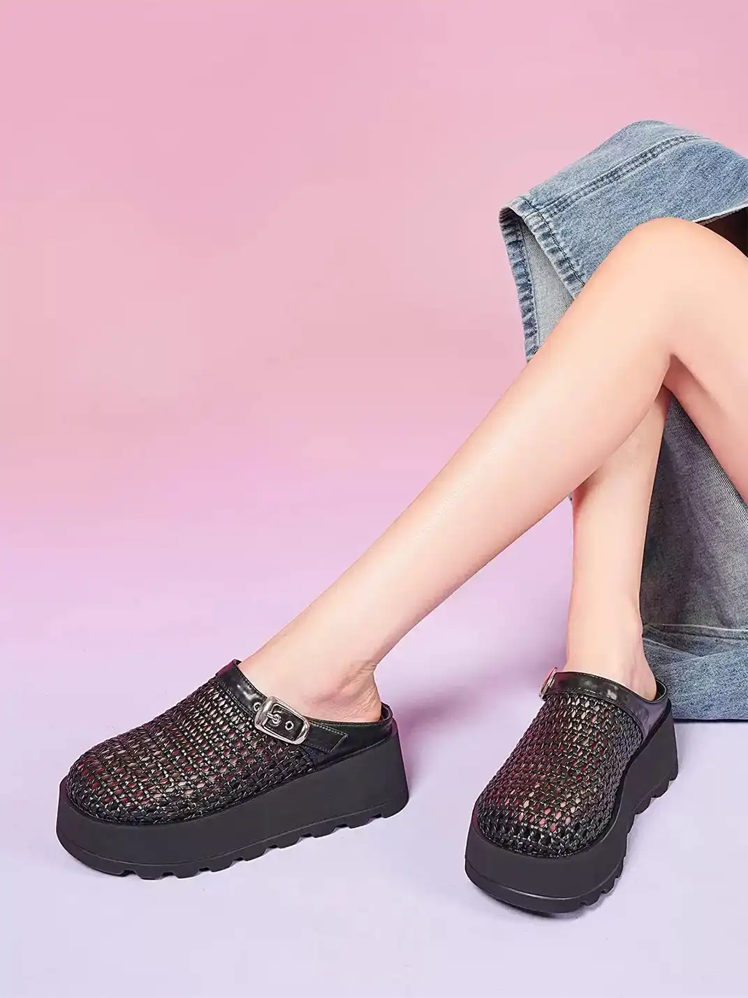EBLAN | Woven Cut Out Platform Mules-Silver