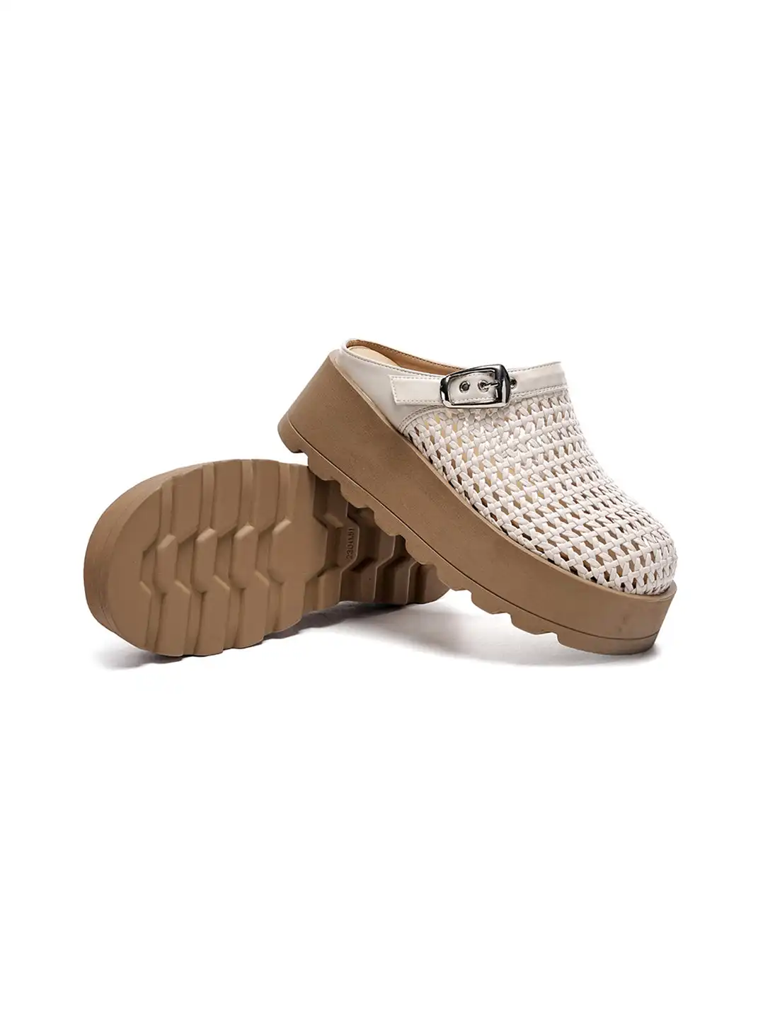 EBLAN | Woven Cut Out Platform Mules-Beige