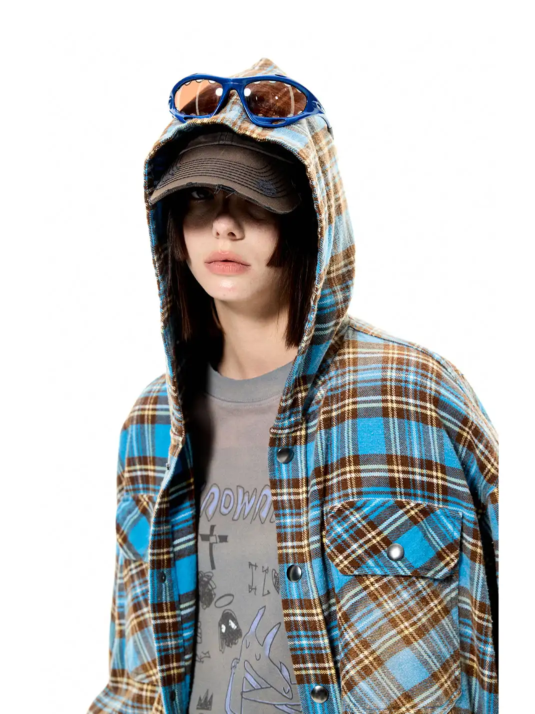 UNKNOWNWORLD | Plaid Oversize Hooded Shirt