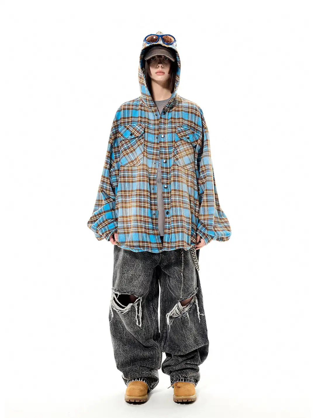 UNKNOWNWORLD | Plaid Oversize Hooded Shirt