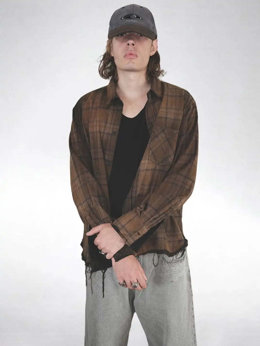 UNKNOWNWORLD | Ripped Hem Distress Plaid Shirt