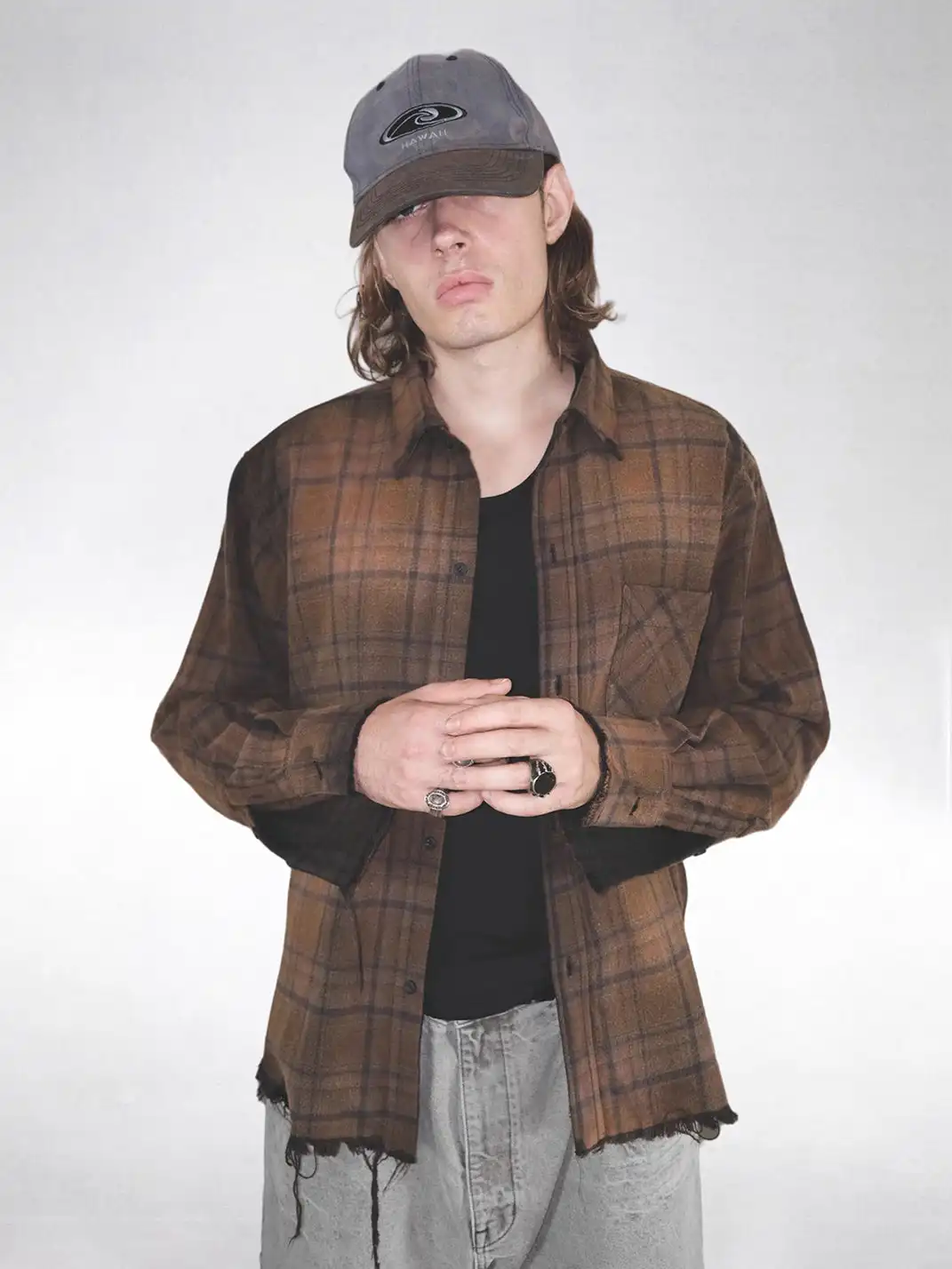 UNKNOWNWORLD | Ripped Hem Distress Plaid Shirt