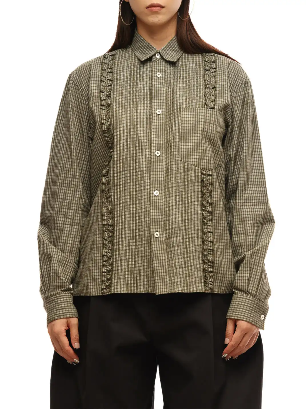6CRAYON | Ruffle Plaid Cotton Shirt - Olive Green
