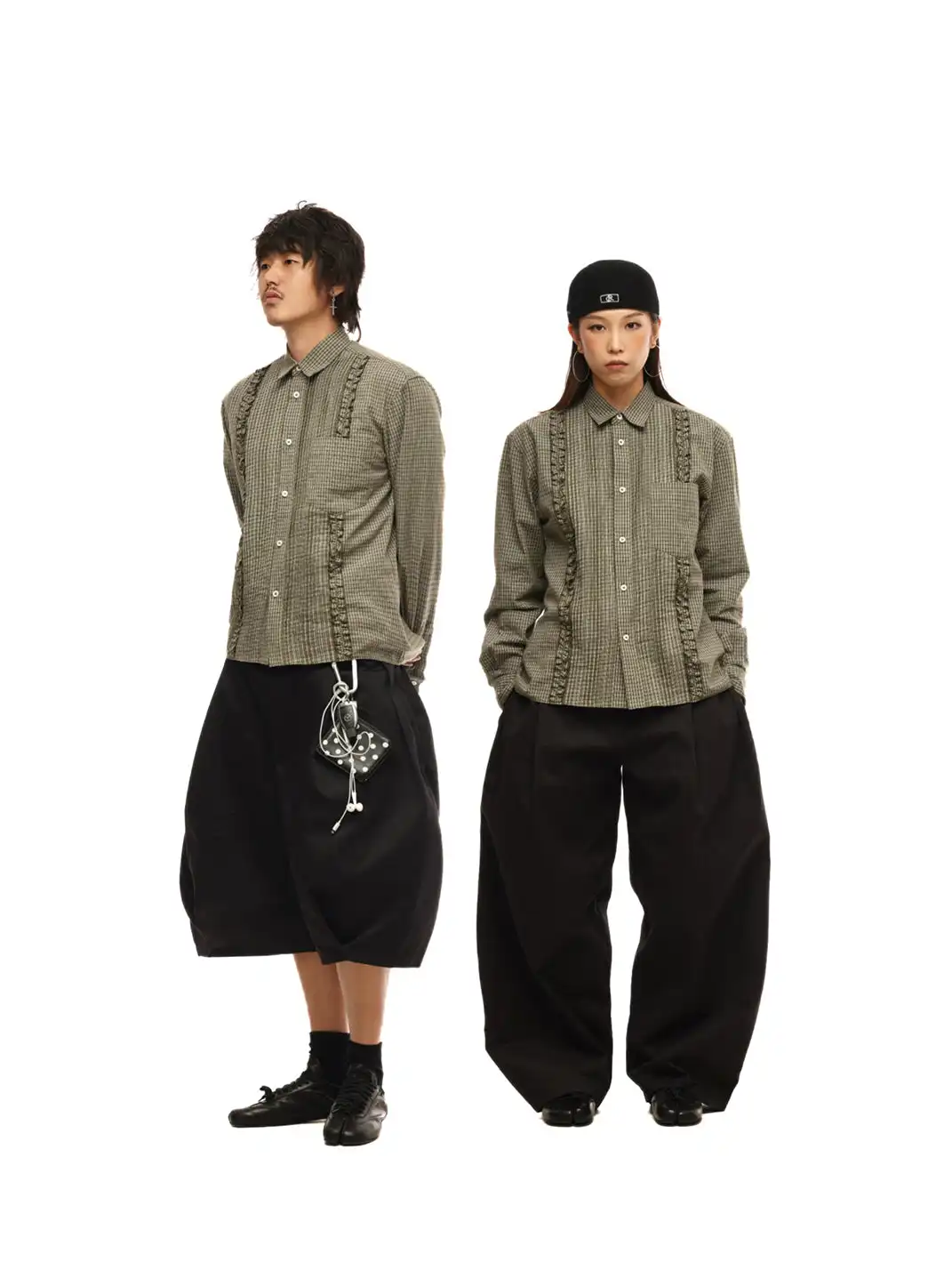 6CRAYON | Ruffle Plaid Cotton Shirt - Olive Green
