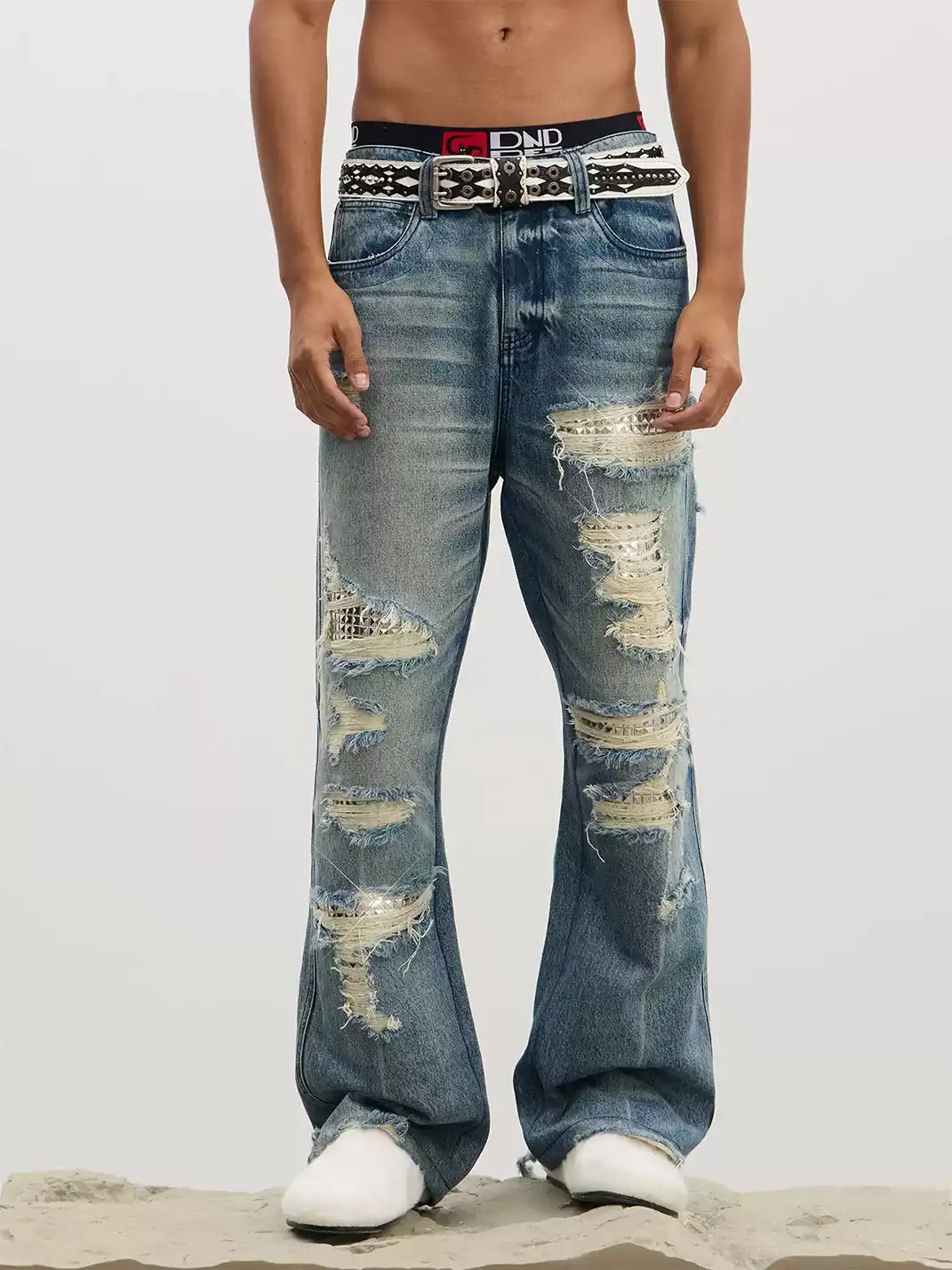DND4DES | Ripped Rivet Bell Bottom Jeans