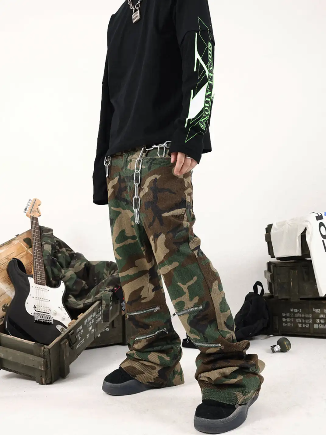 GMK | Zippered Camo Bell Bottom Pants
