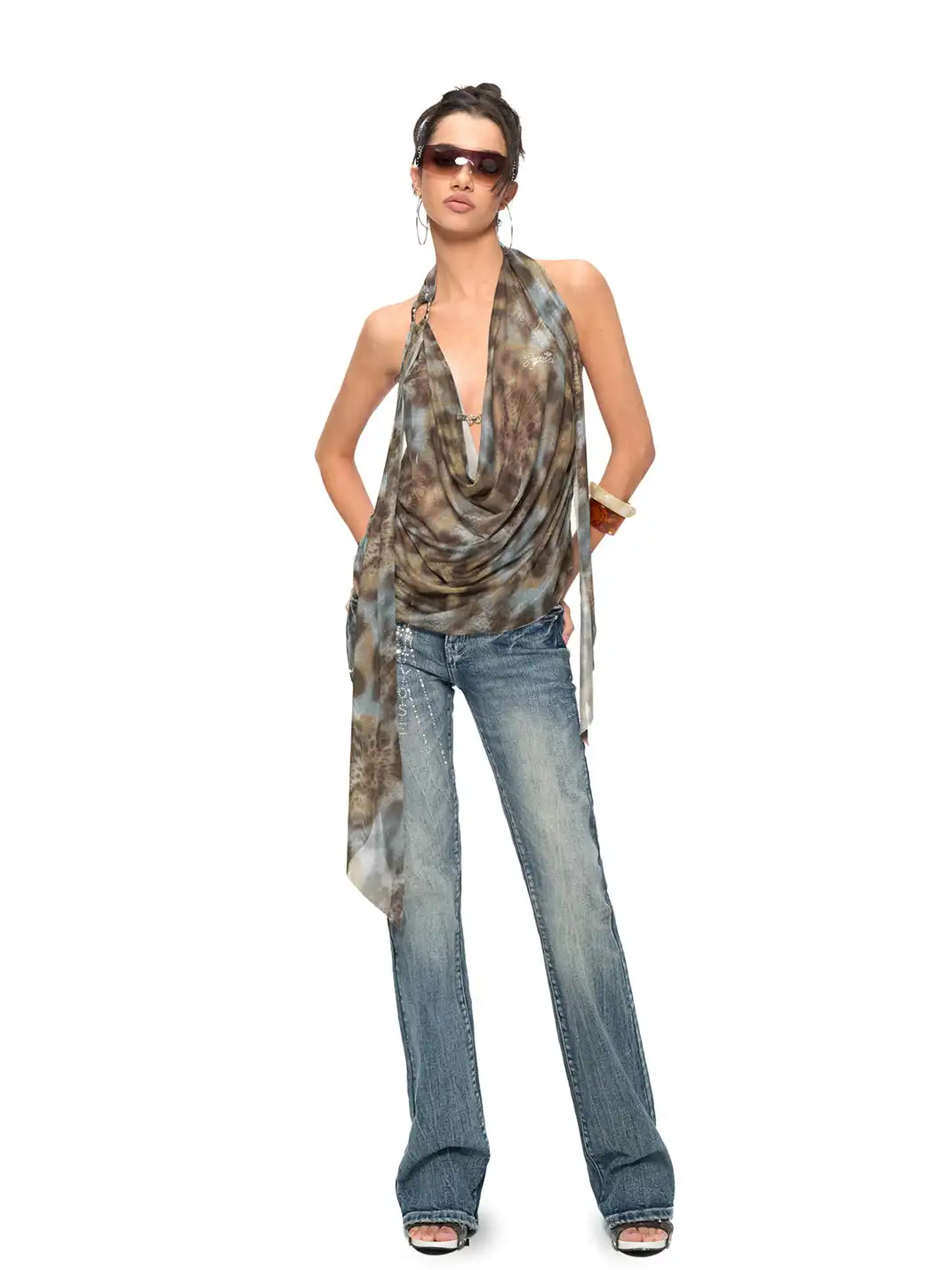 JYOSEI | Blue Leopard Drape Halter Top