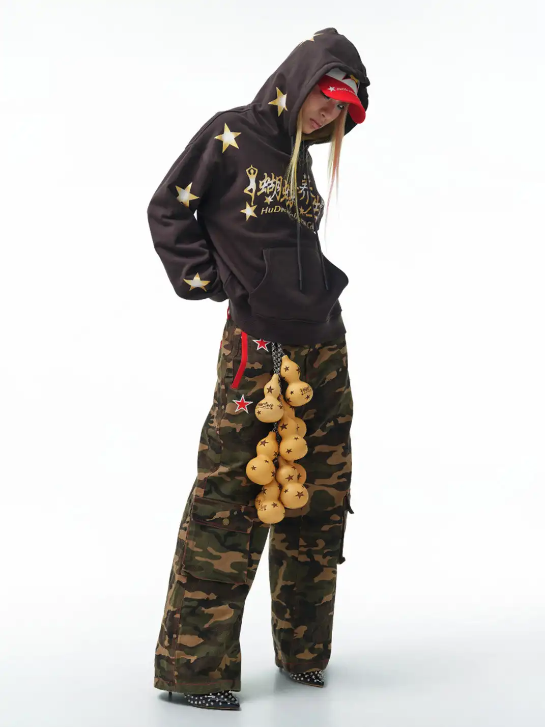 HUDIEGONGZHU | Street Style Star Embroidered Camo Cargo Pants