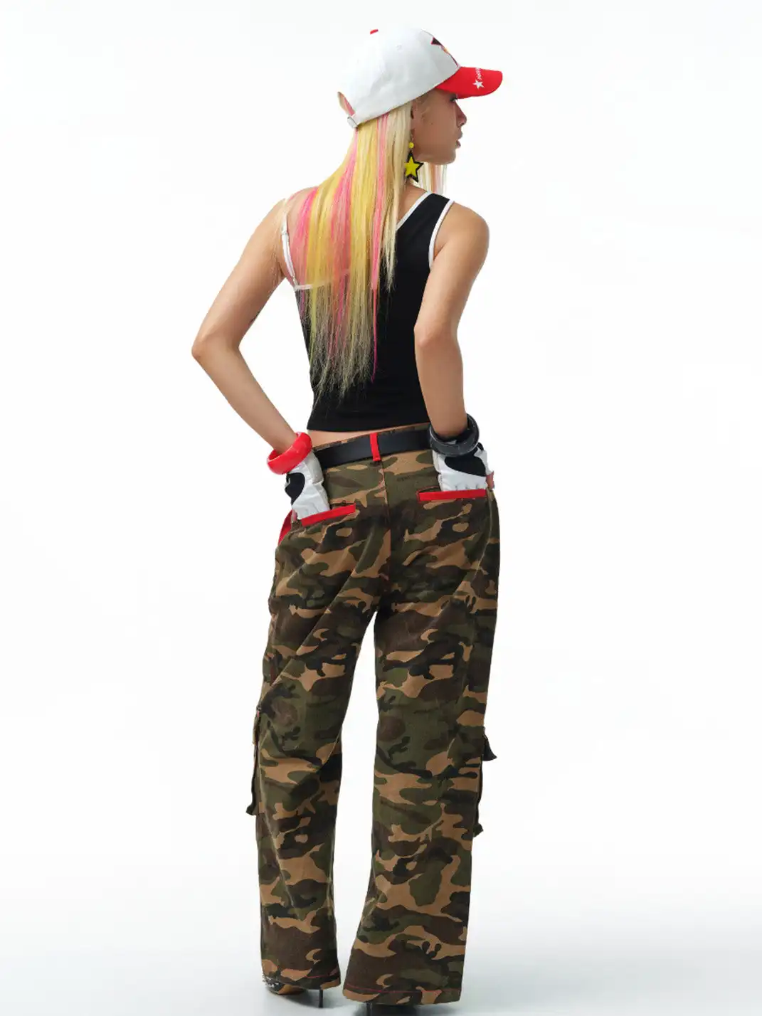 HUDIEGONGZHU | Street Style Star Embroidered Camo Cargo Pants