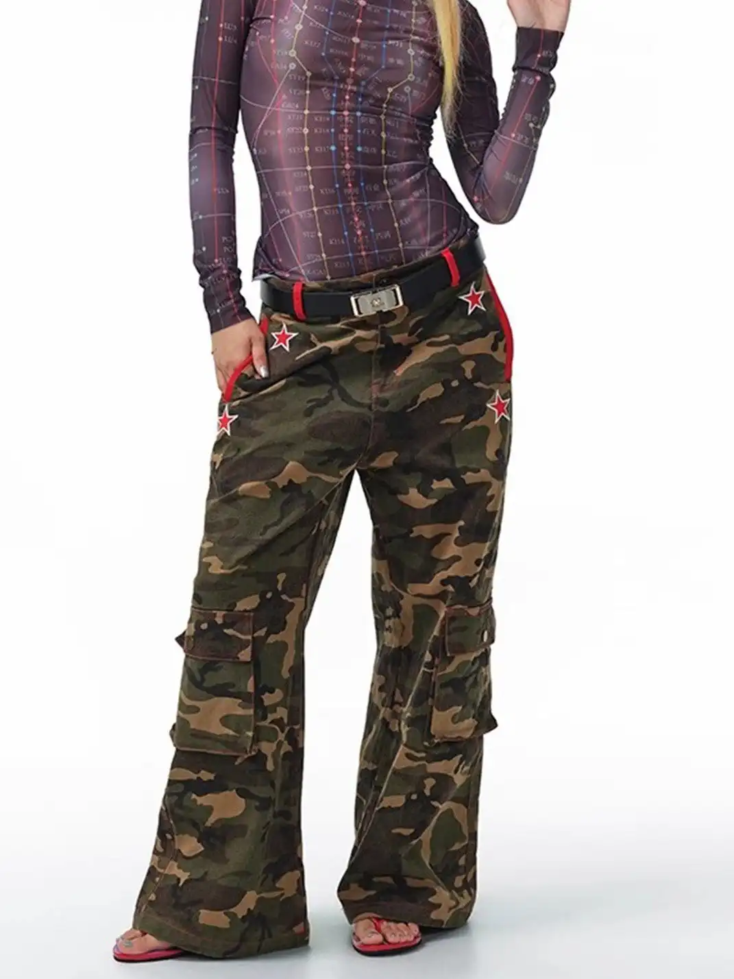 HUDIEGONGZHU | Street Style Star Embroidered Camo Cargo Pants
