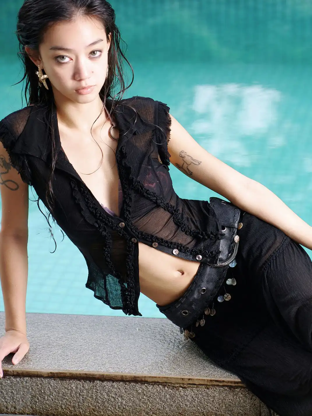 Flowers birds Market | Detachable Shell & Sheer Panel Denim PU Shorts