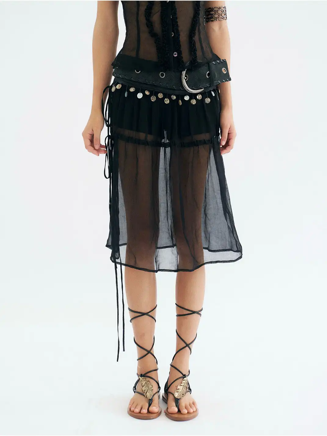 Flowers birds Market | Detachable Shell & Sheer Panel Denim PU Shorts
