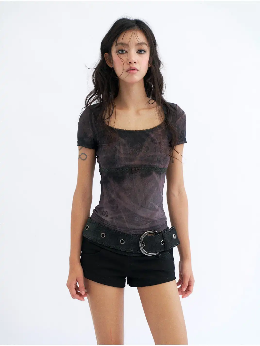 Flowers birds Market | Detachable Shell & Sheer Panel Denim PU Shorts