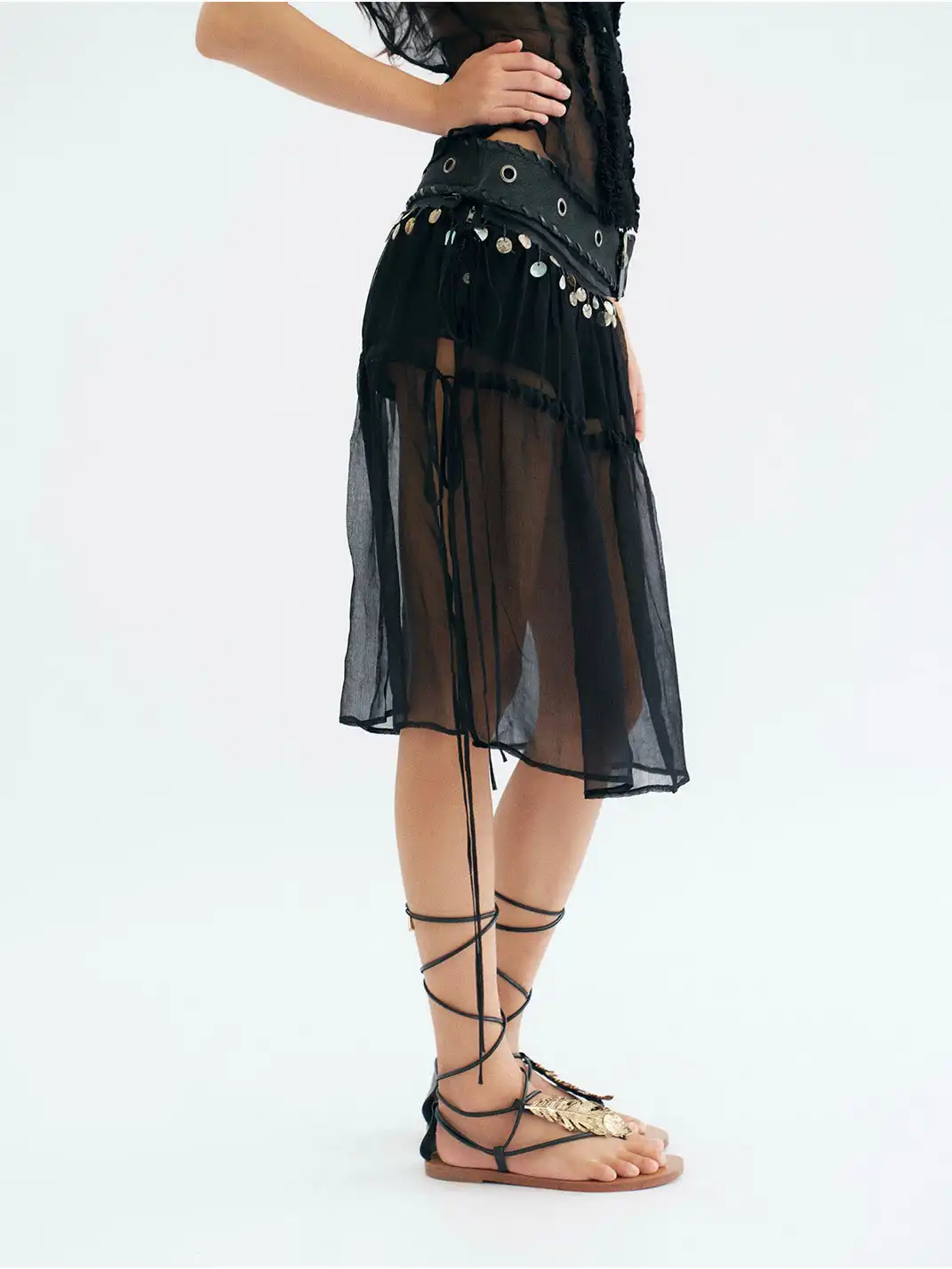Flowers birds Market | Detachable Shell & Sheer Panel Denim PU Shorts