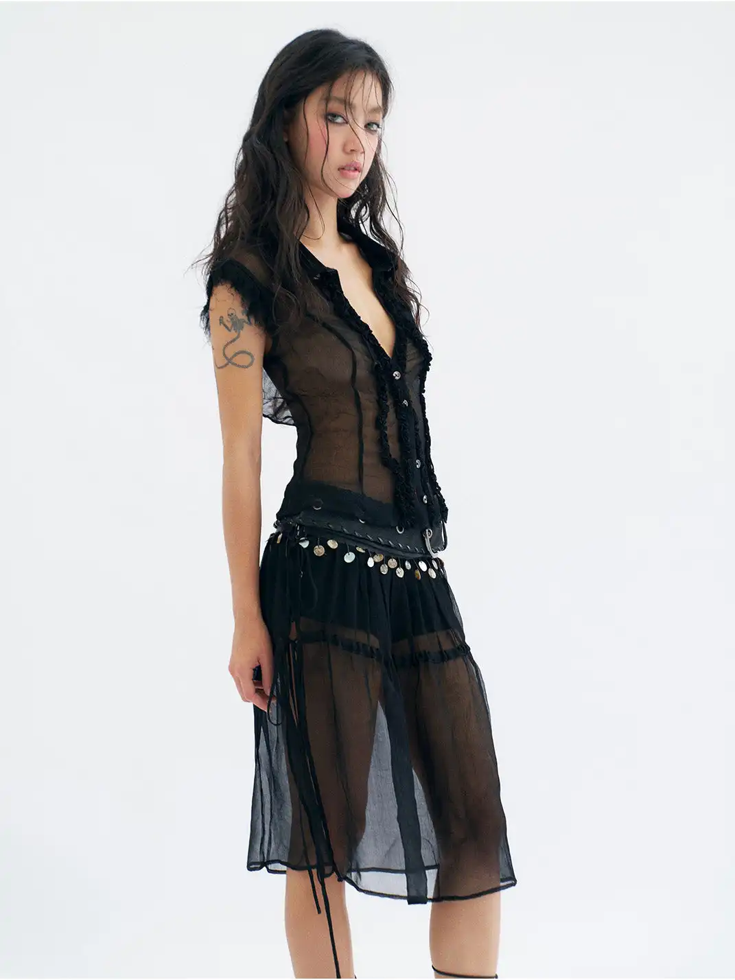 Flowers birds Market | Detachable Shell & Sheer Panel Denim PU Shorts
