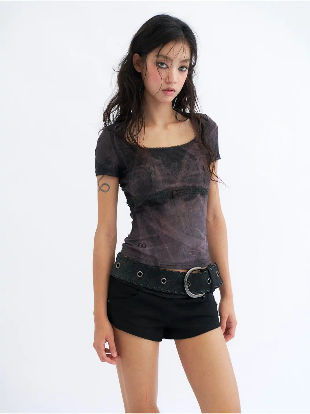 Flowers birds Market | Detachable Shell & Sheer Panel Denim PU Shorts