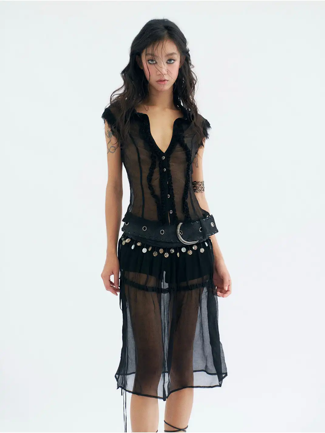 Flowers birds Market | Detachable Shell & Sheer Panel Denim PU Shorts