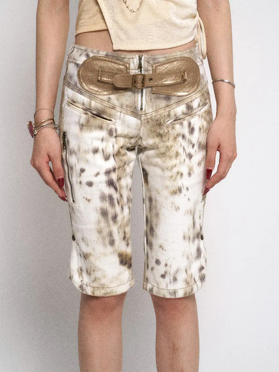 Flowers birds Market | Ombre Leopard Denim PU Belted Slim Shorts
