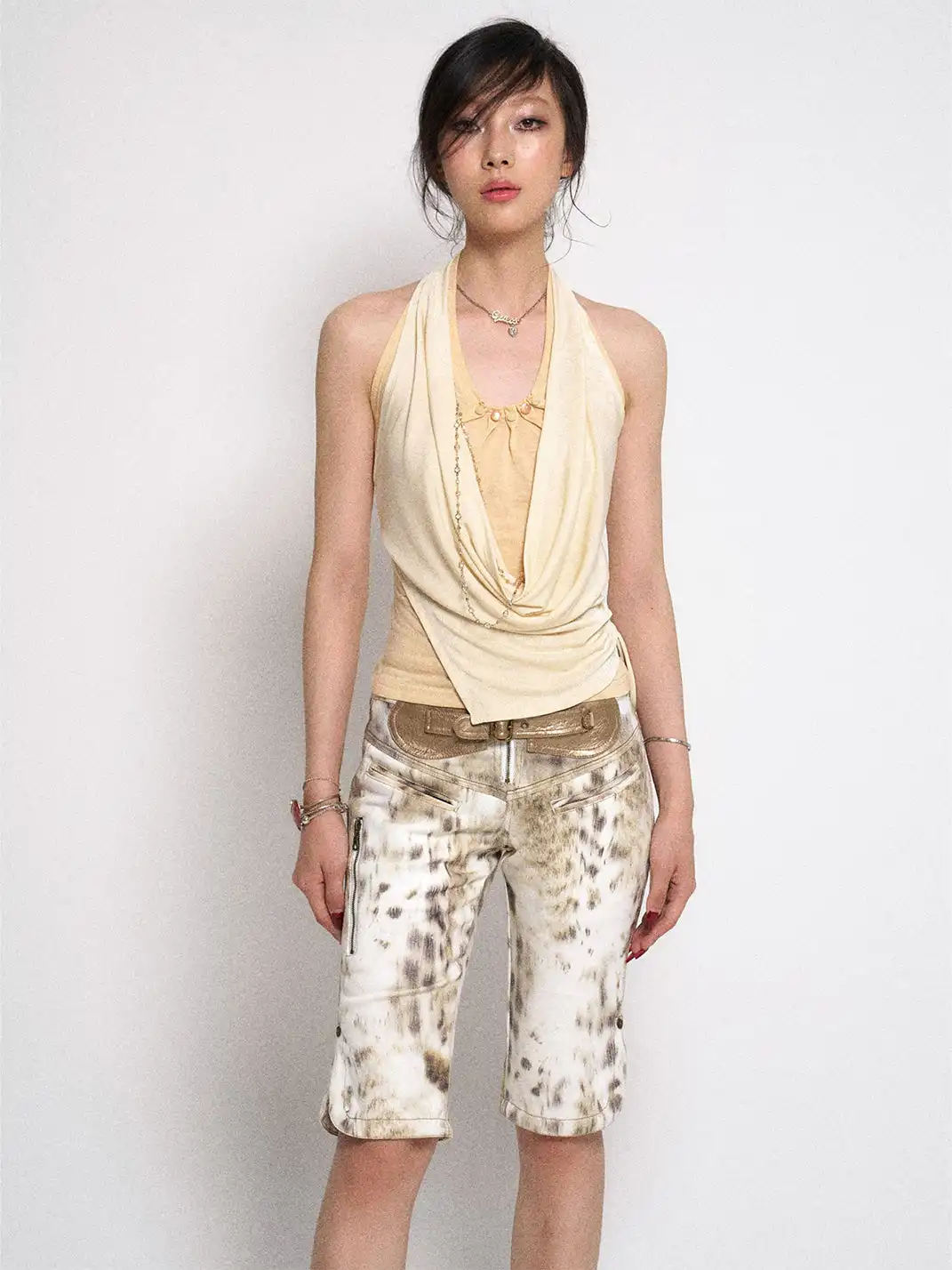 Flowers birds Market | Ombre Leopard Denim PU Belted Slim Shorts
