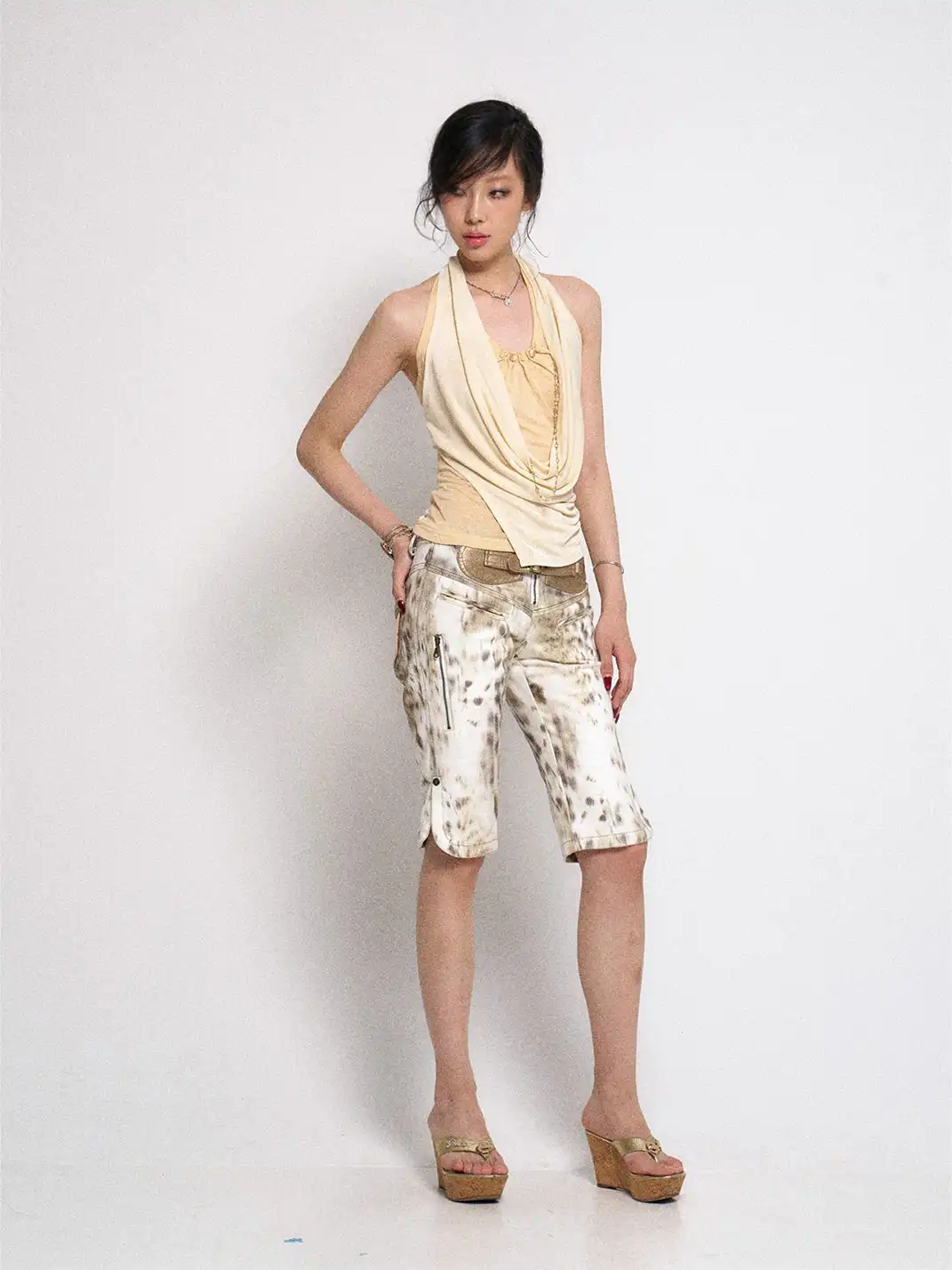 Flowers birds Market | Ombre Leopard Denim PU Belted Slim Shorts
