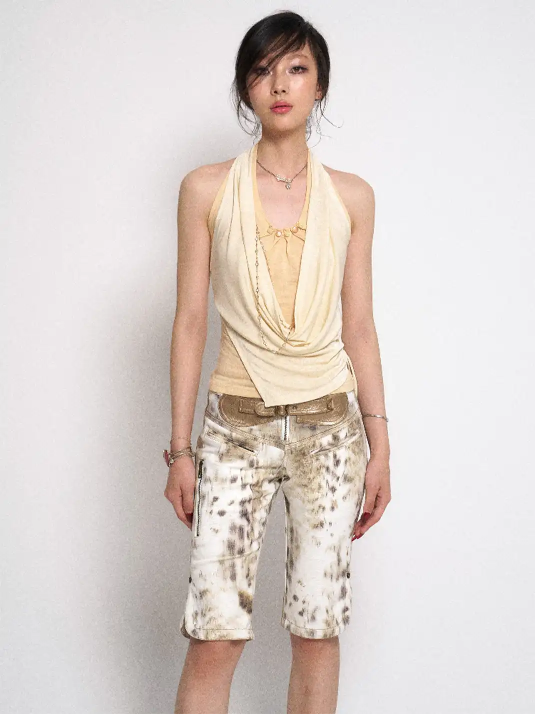 Flowers birds Market | Ombre Leopard Denim PU Belted Slim Shorts