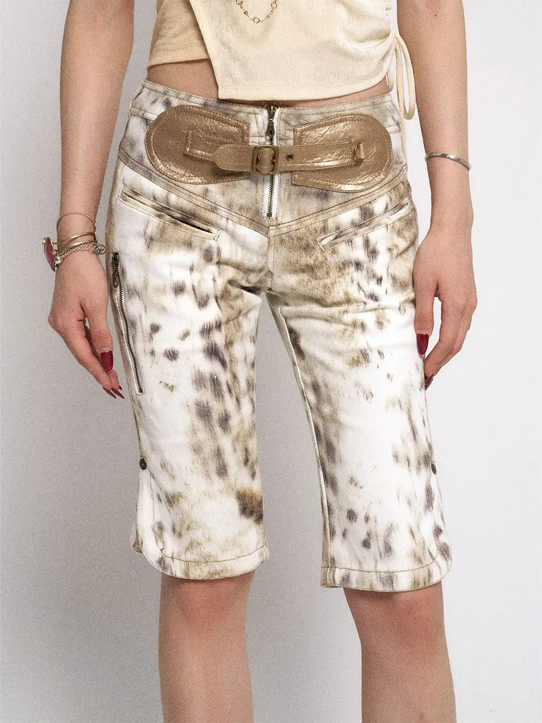 Flowers birds Market | Ombre Leopard Denim PU Belted Slim Shorts