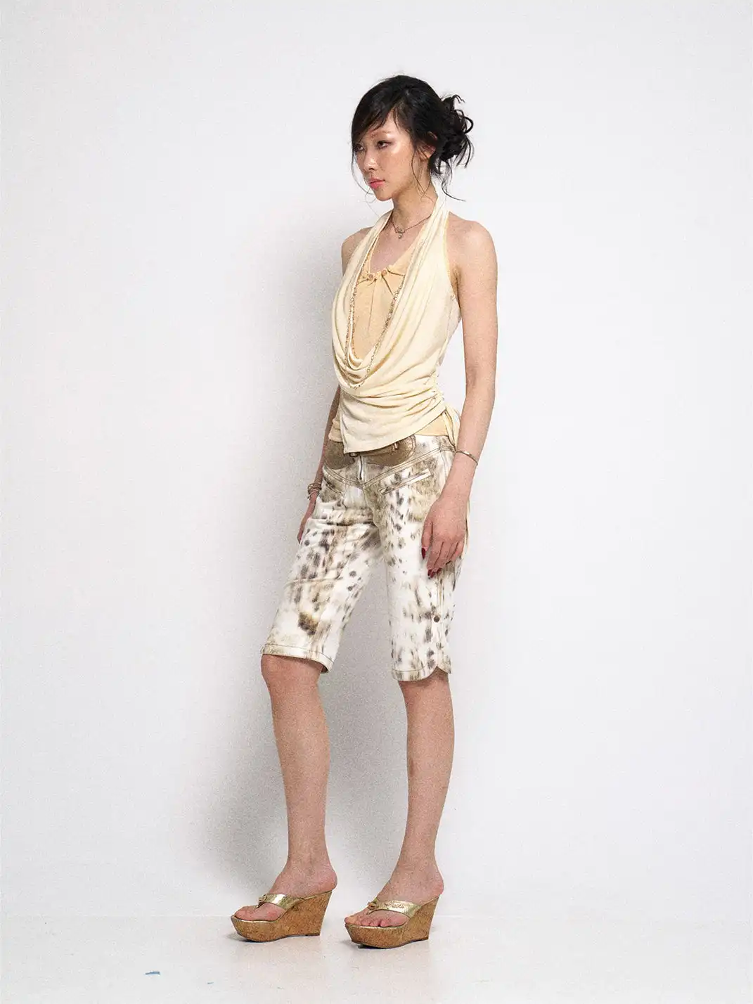 Flowers birds Market | Ombre Leopard Denim PU Belted Slim Shorts