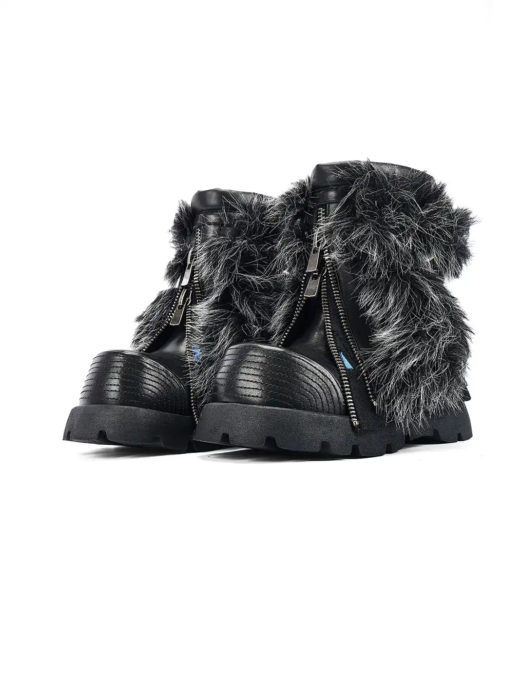 NEXT IMPULSIVE丨"Iron-Heart" Faux Fur Patchwork Boots - Black