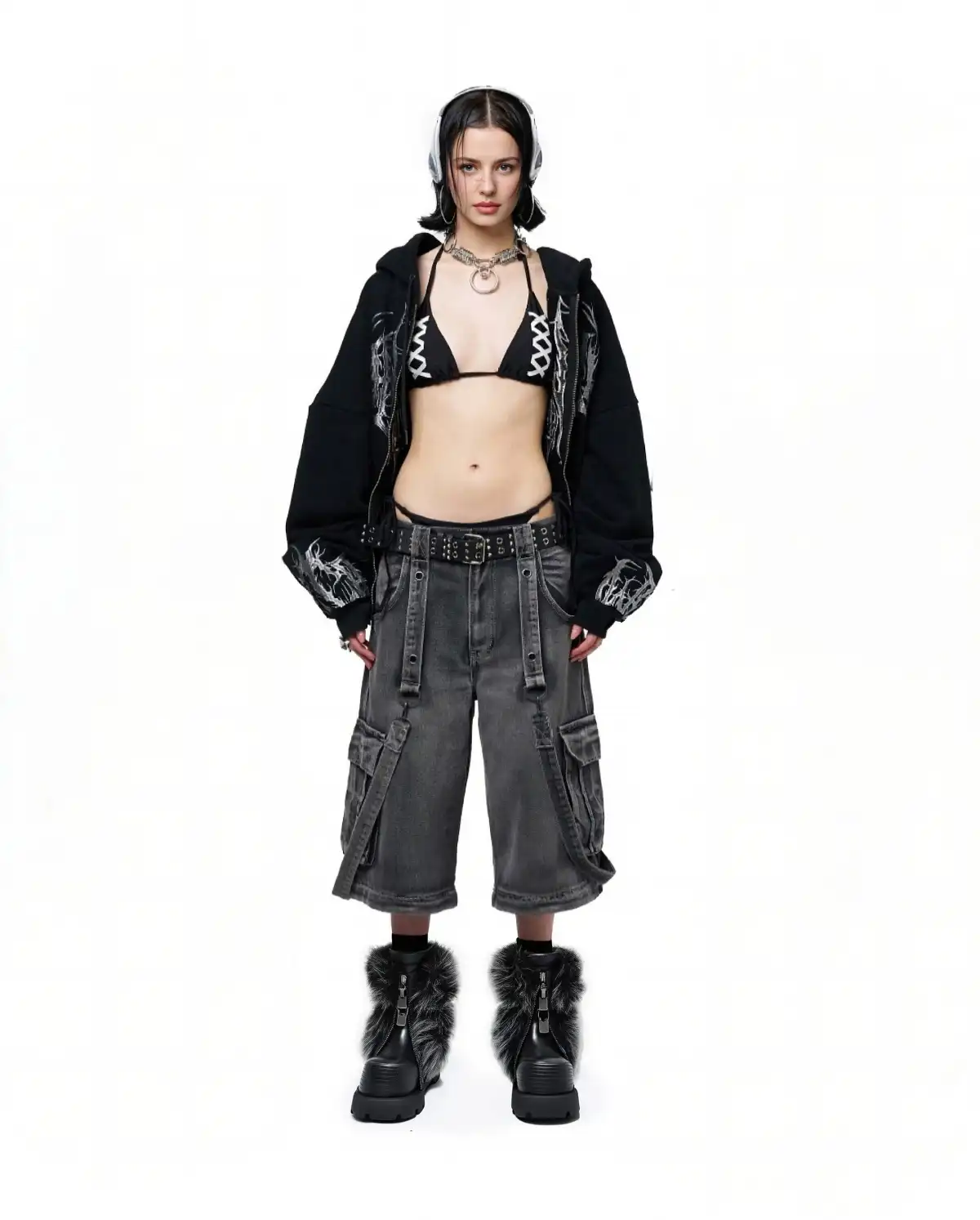 NEXT IMPULSIVE丨"Iron-Heart" Faux Fur Patchwork Boots - Black
