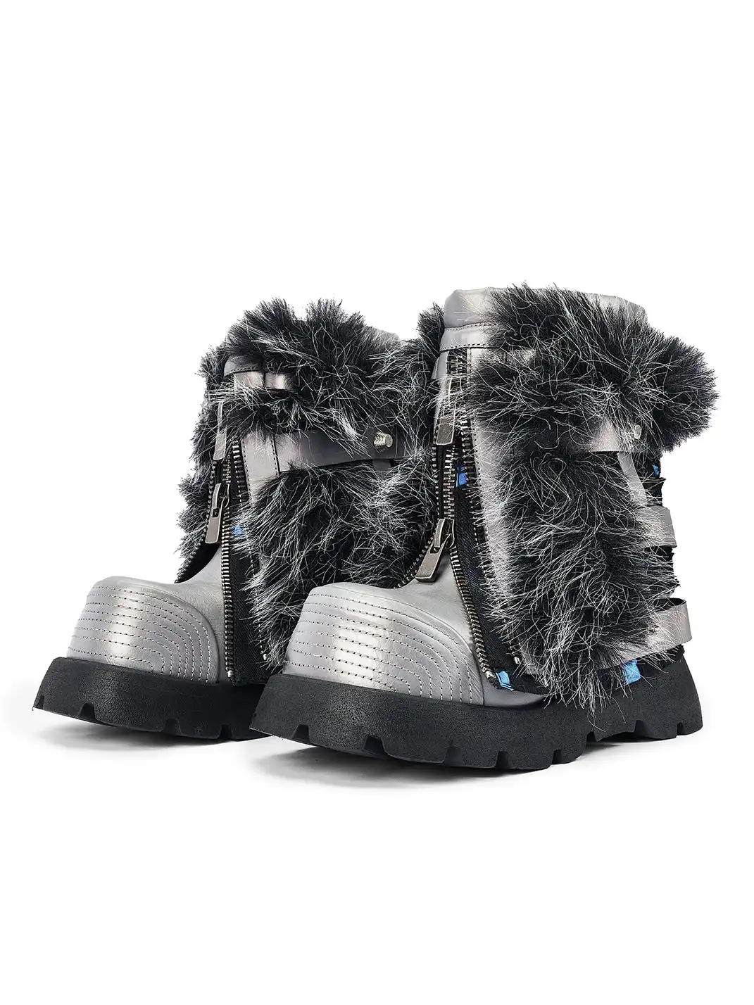 NEXT IMPULSIVE丨"Iron-Heart" Faux Fur Patchwork Boots - Silver