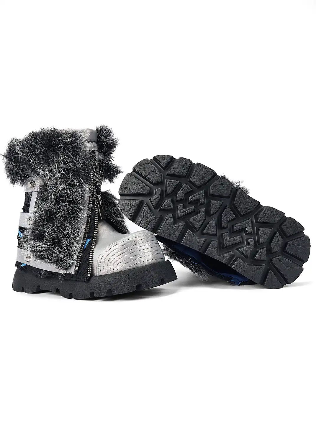 NEXT IMPULSIVE丨"Iron-Heart" Faux Fur Patchwork Boots - Silver