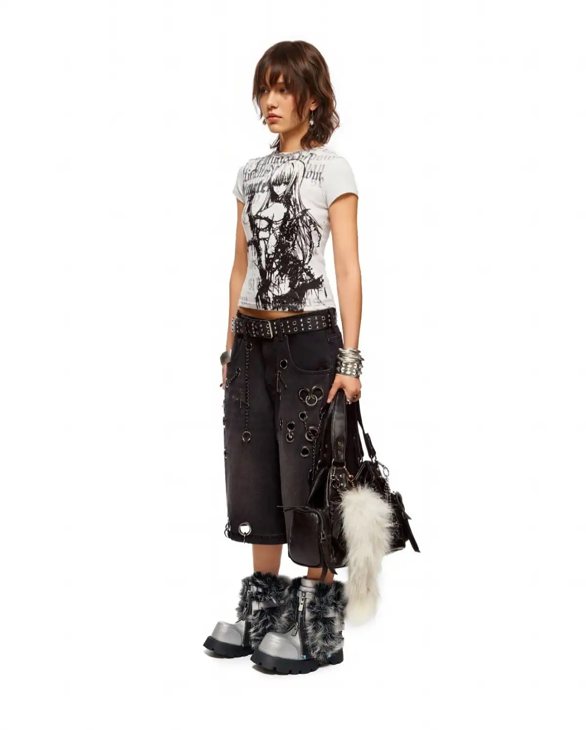 NEXT IMPULSIVE丨"Iron-Heart" Faux Fur Patchwork Boots - Silver