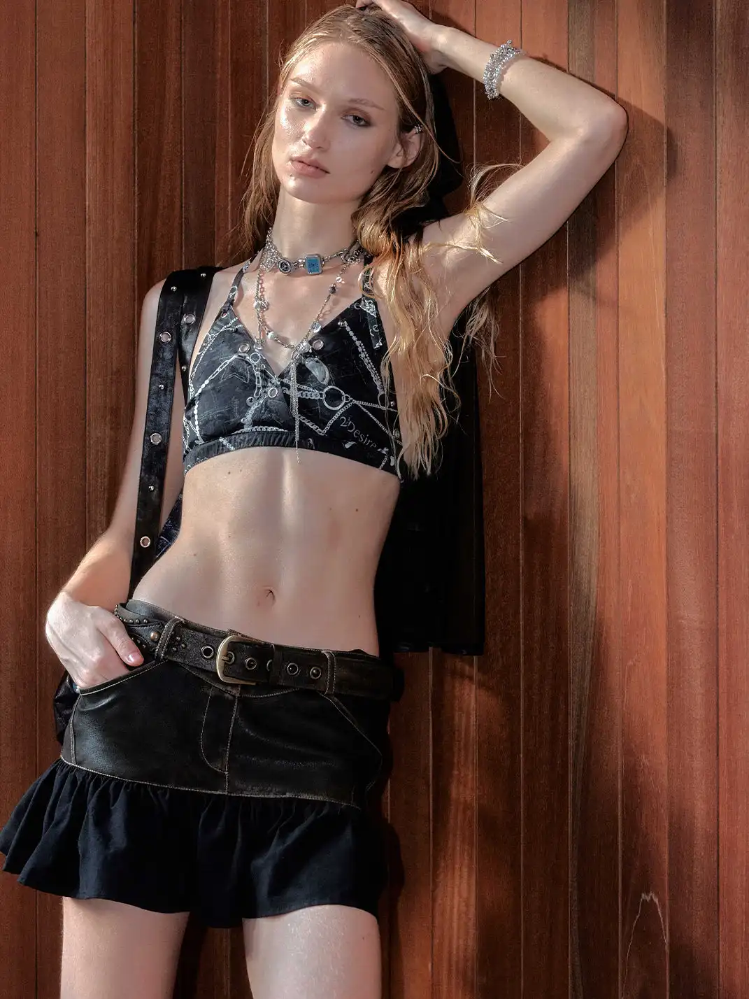 2th Desire | Faded Leather Hardware Printed Denim Patchwork Mini Skirt