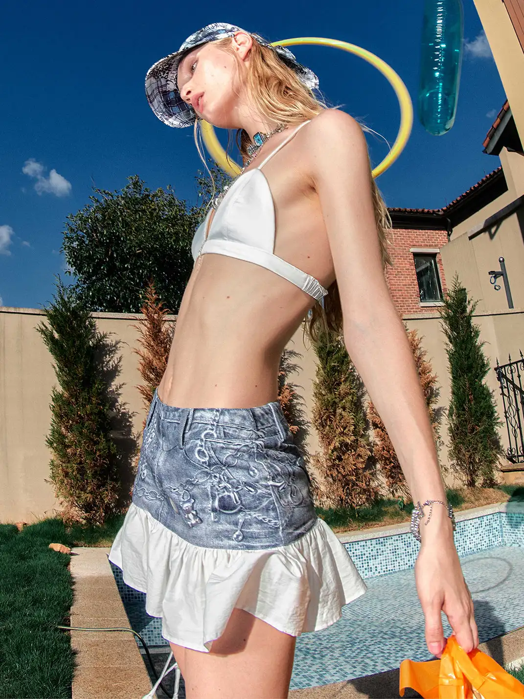 2th Desire | Faded Leather Hardware Printed Denim Patchwork Mini Skirt