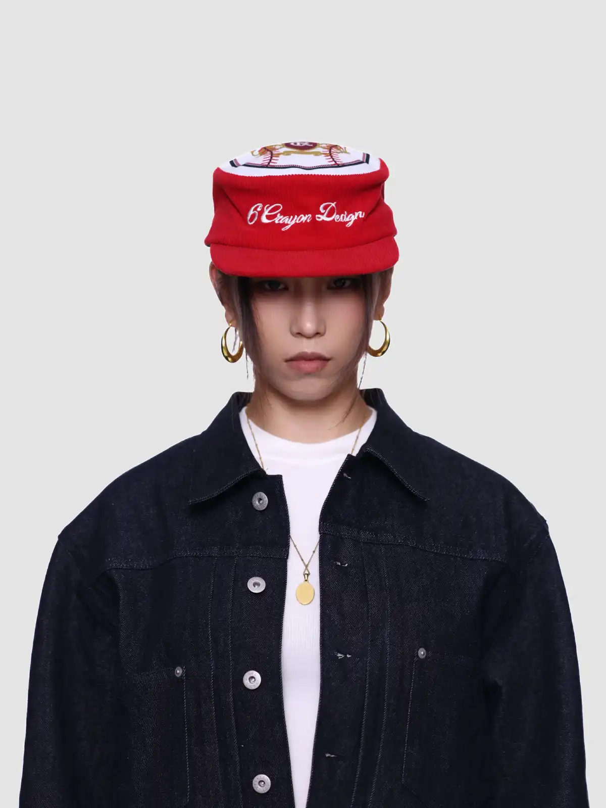 6CRAYON | Flat Top Embroidered Corduroy Patchwork Baseball Cap-Red