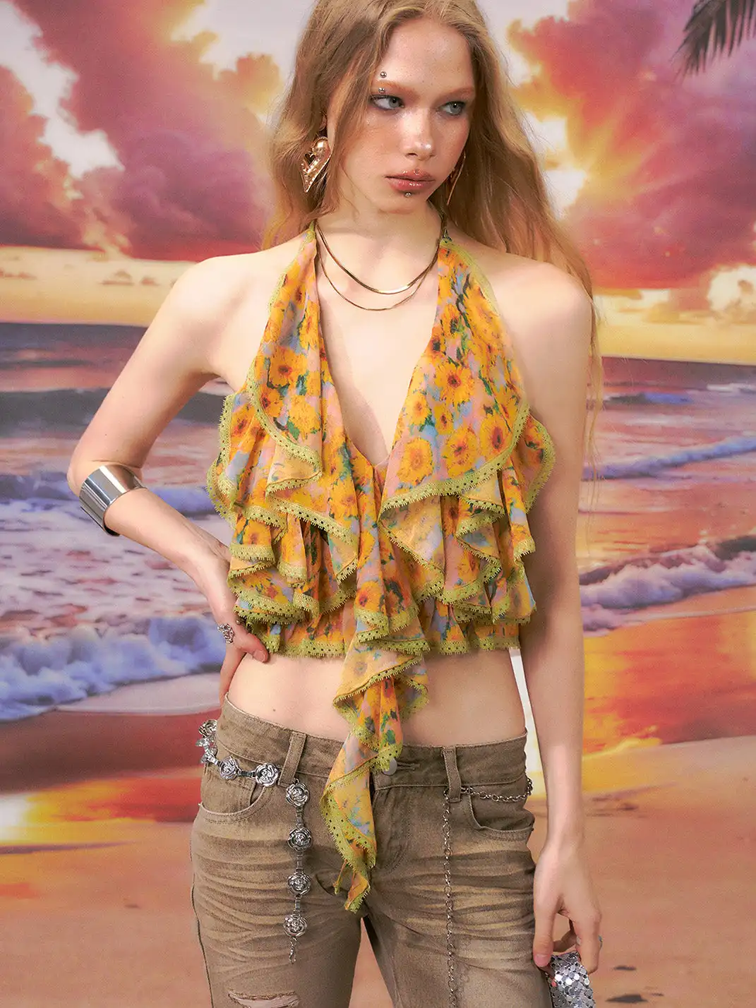 THE NEVERMORE | Floral Print Ruffle Halter Top